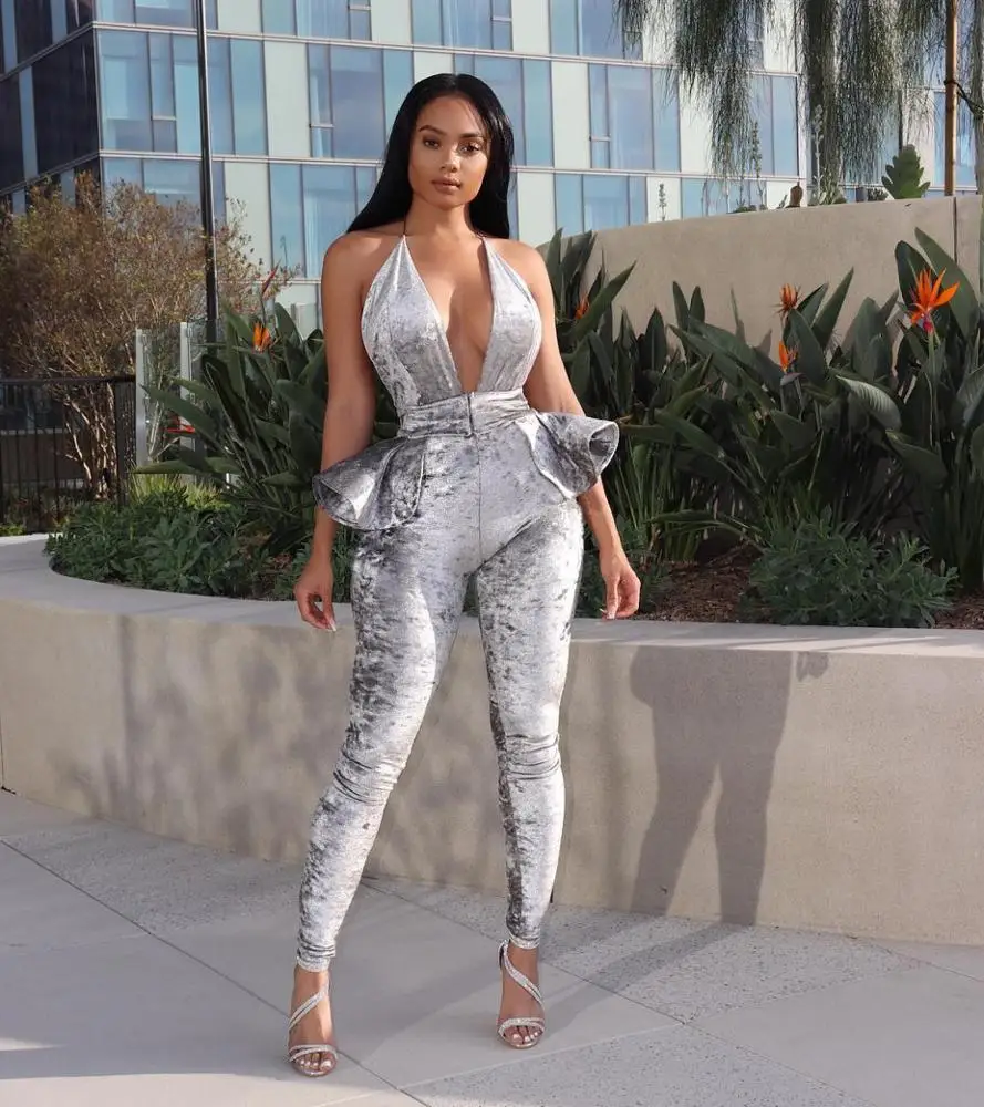 New Fashion  Plunging Neckline Velour Sexy Ladies Backless Jumpsuit