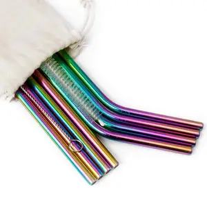 Image of Amazon hot sale factory price food grade 304 BPA free reusable flexible custom rainbow drinking stainless steel metal straws set