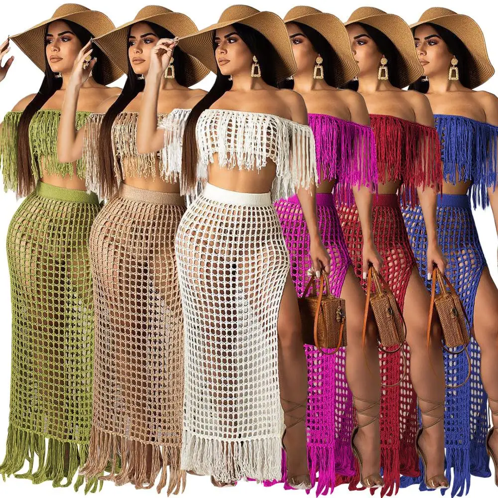 

2019 Summer Fashion Nude Side Split Off Shoulder Tassel Hollow Out Midi Dress Set