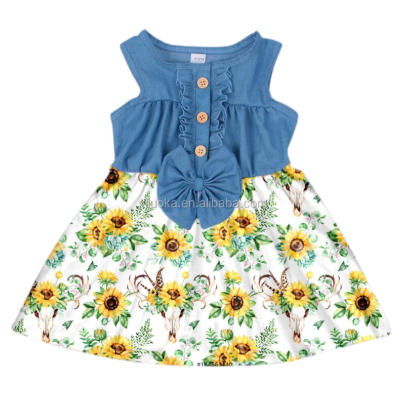 

Hot Product Casual Designs Sunflowers Pattern Sleeveless Boutique Summer Denim Dress, Picture