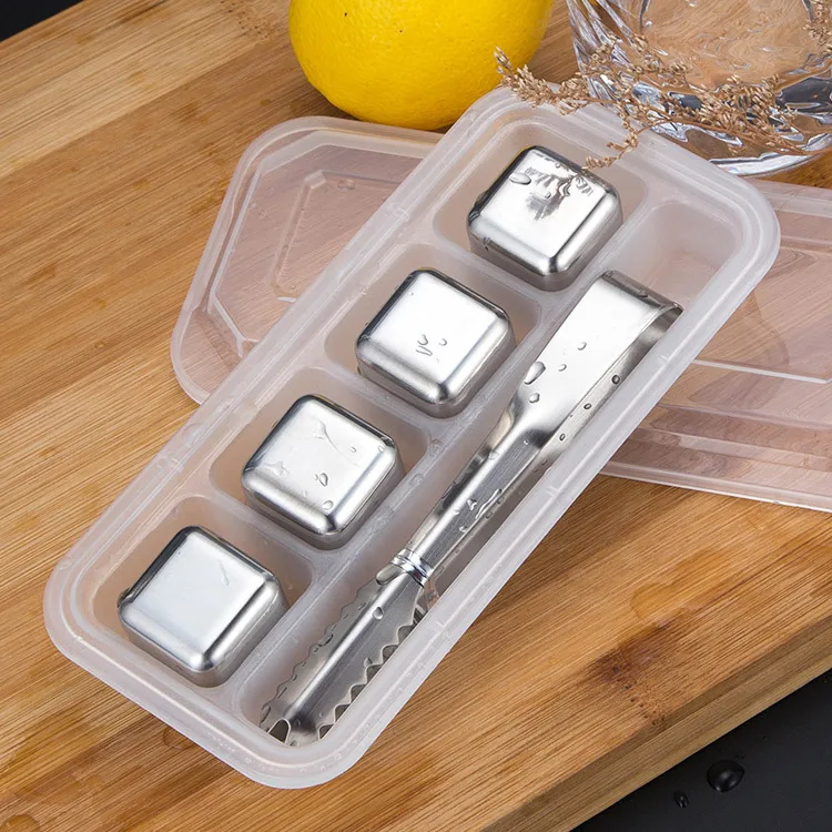 

Set of 4 with plastic box Stainless Steel Wisky Stones Wine Cooler Ice Cubes, Silver