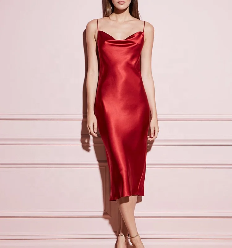 red silk slip dress