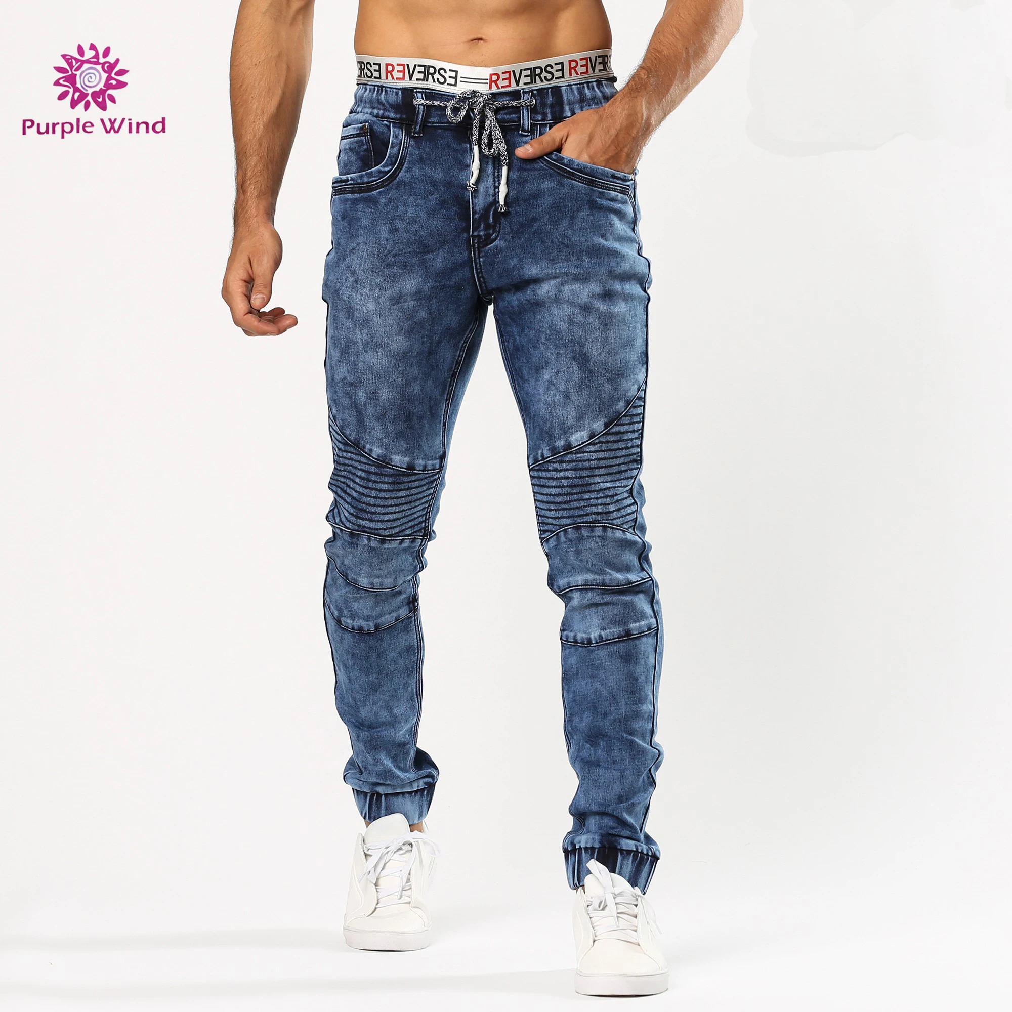 mens slim fit elastic waist jeans