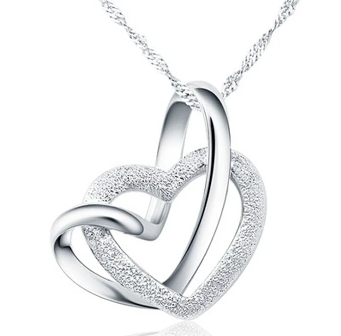 

Tryme Jewelry Yiwu Wholesale silver double heart pendant necklace Touching love grind arenaceous silver necklace, N/a