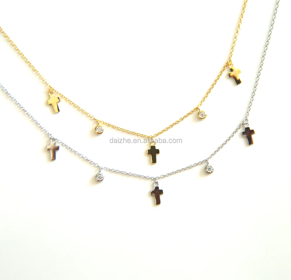 

Fashion gold and silver 925 sterling silver dangle cross cz drop statement choker necklace