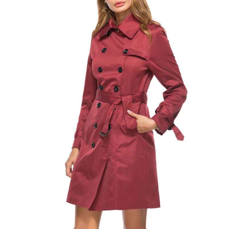 

Double Breasted Trench Coat For Women Long Windbreaker Khaki Black Wine Red With Belt Casual Office Lady Business Outwear Fall