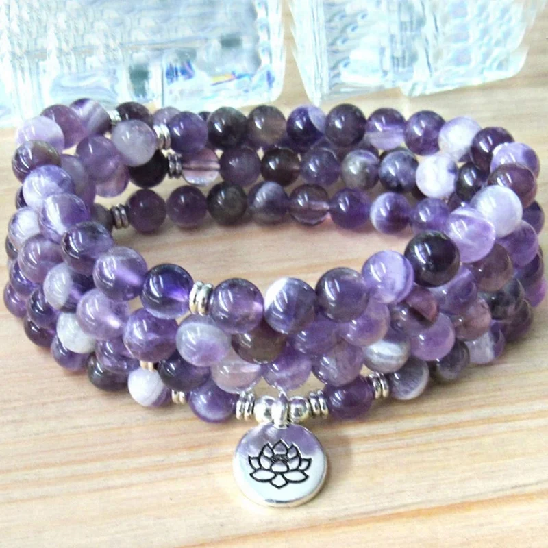 

SN1398 Reiki charged Prayer beads wrist mala Lotus OM Purple Bracelets 108 Chevron Amethyst Mala Bracelet or Necklace, As picture