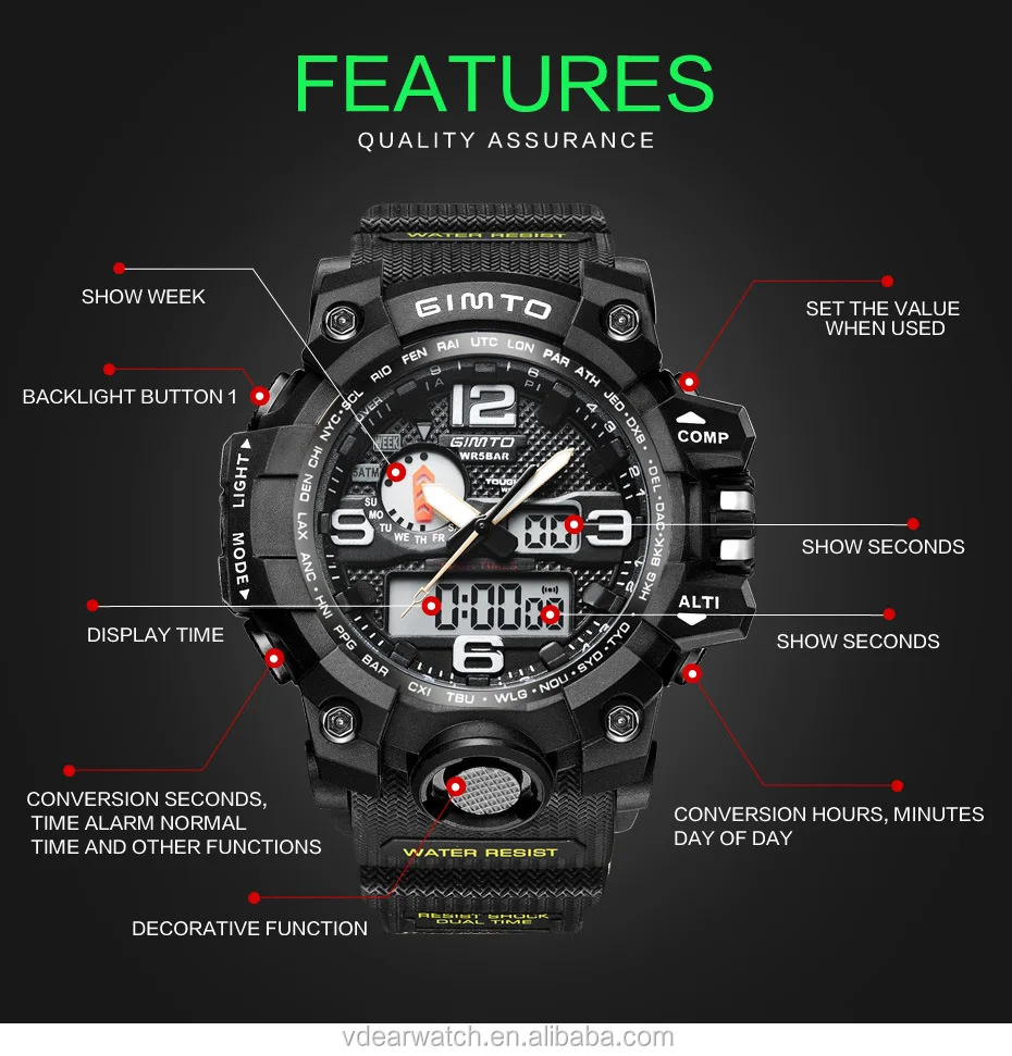 Out door army style multiple time zone technology men sport watch analog digital wrist watch