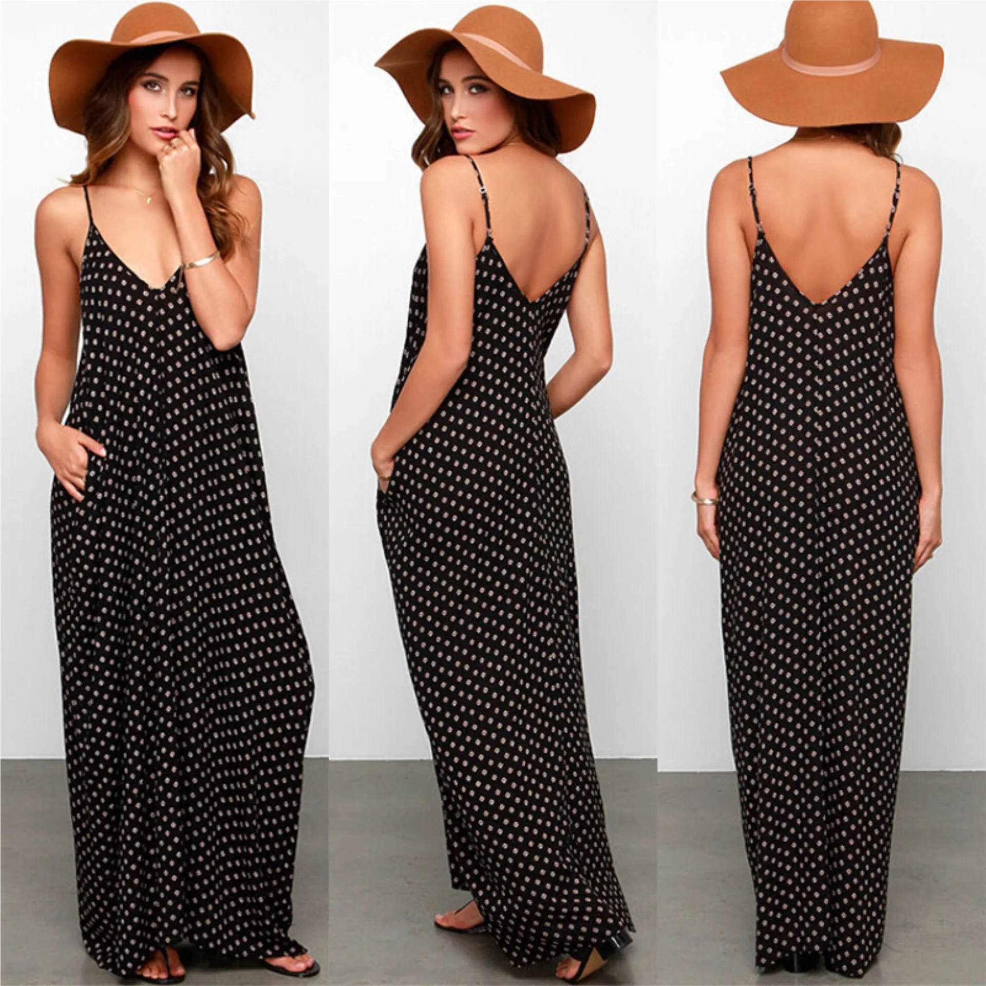 Wholesale 2018 Summer  Women Polka Dot Print V Neck Sleeveless Sundress Loose Maxi Long Beach Bohemian Vintage Maxi Dress