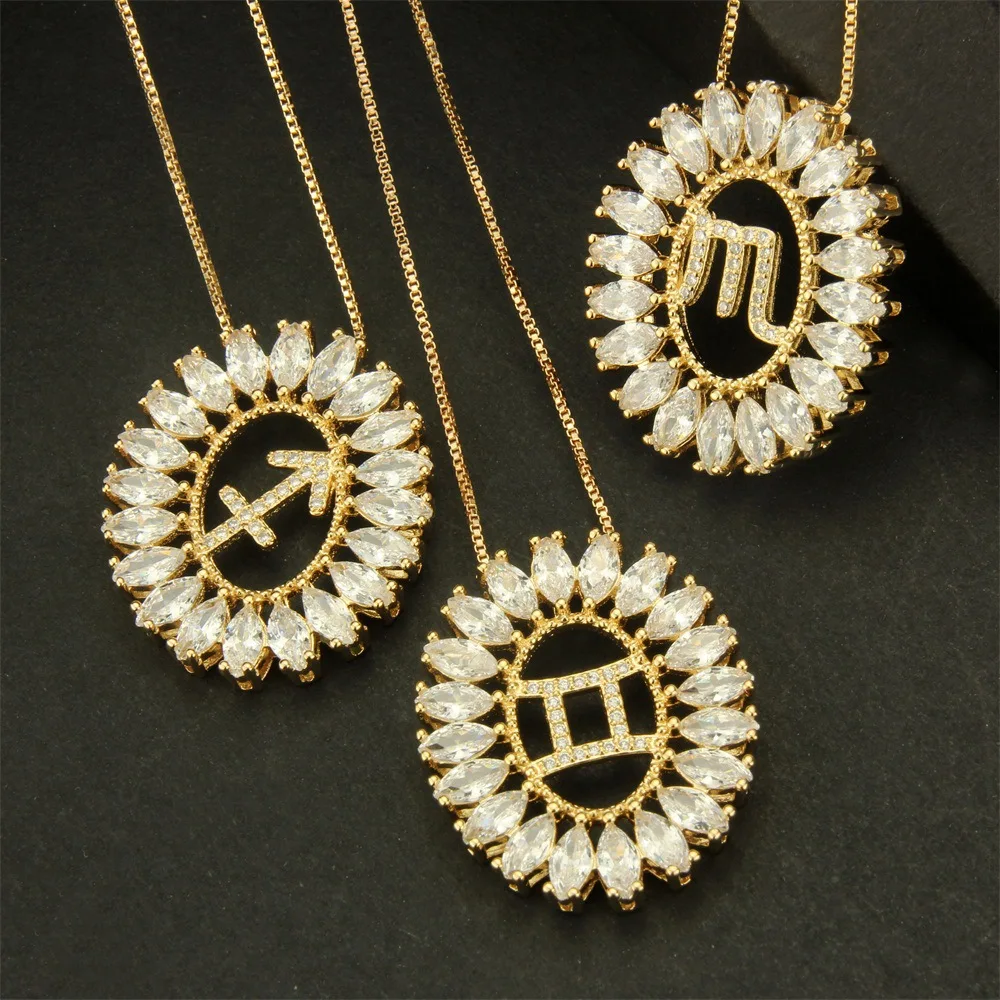 

New Arrivals Gold Plated Crystal Zodiac Pendant Necklace Round Cubic Zircon Zodiac Sign Necklace