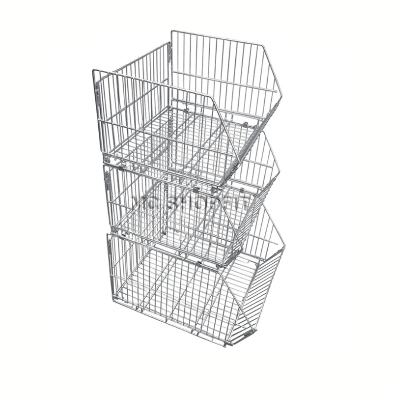 Stacking Wire Basket Storage Display Shelf Rack For Bakery On Wheels