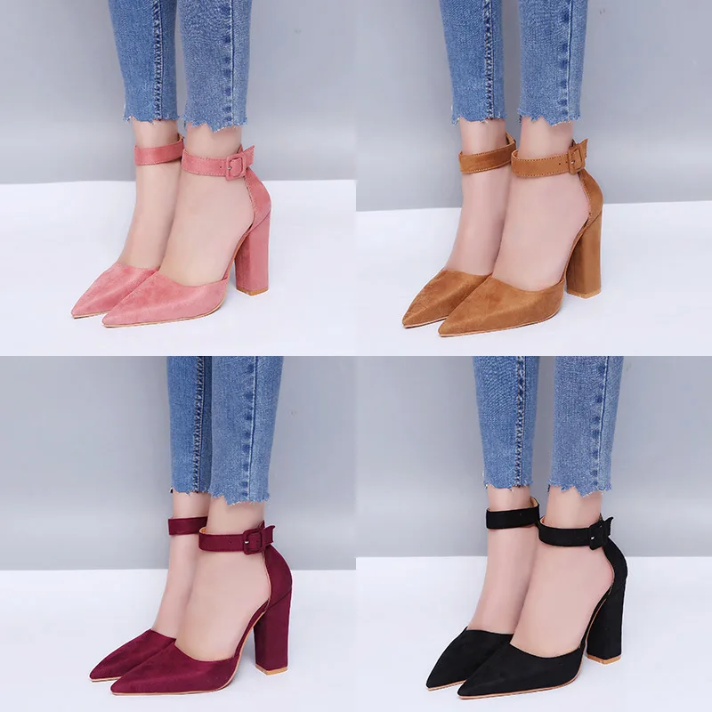 

F20674A Wholesale women's fancy shoe chunky heels pointed toe buckle suede shoes sexy high heel shoes for women, As picture