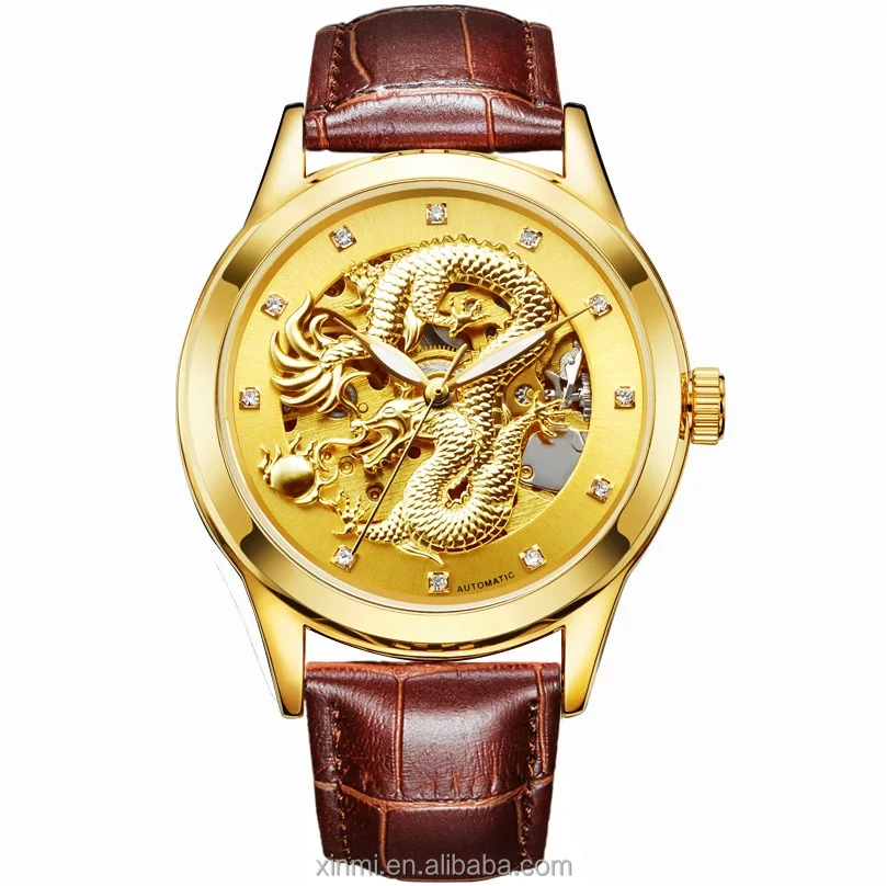 

China Watch Factory Manufacture Fashion Men Watch, Gold Dragon Diamond Leather WristWatch, Any color are available