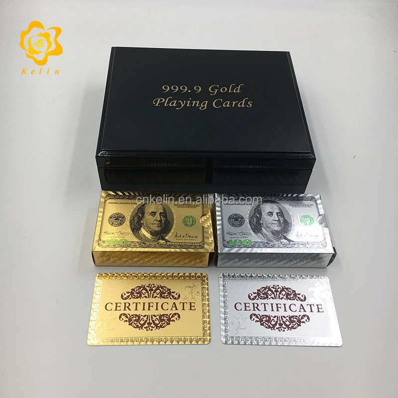 

100 Dollar Gold and Silver Two Deck Playing Card Plastic Poker Card Wholesale Table Game Cards with Wooden Box