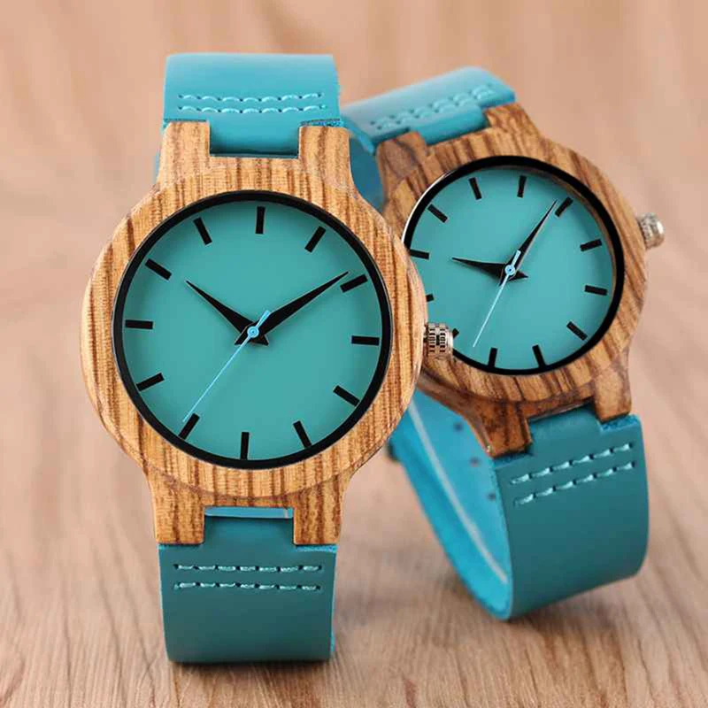 

Luxury Blue Wood Watch Women Casual Leather Quartz Wristwatch 100% Natural Bamboo Clock Creative Gifts