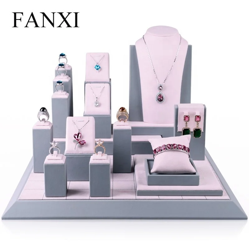 

FANXI Wholesale Custom Ring Necklace Bracelet Earring jewellery shop window counter Displays Pink Microfiber Set Jewelry Display, N/a