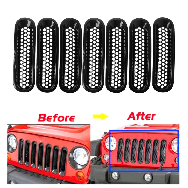 

For 2007-2017 Jeep Wrngler JK Matte Black Front Insert Mesh Grille Trim Cover 7Pcs