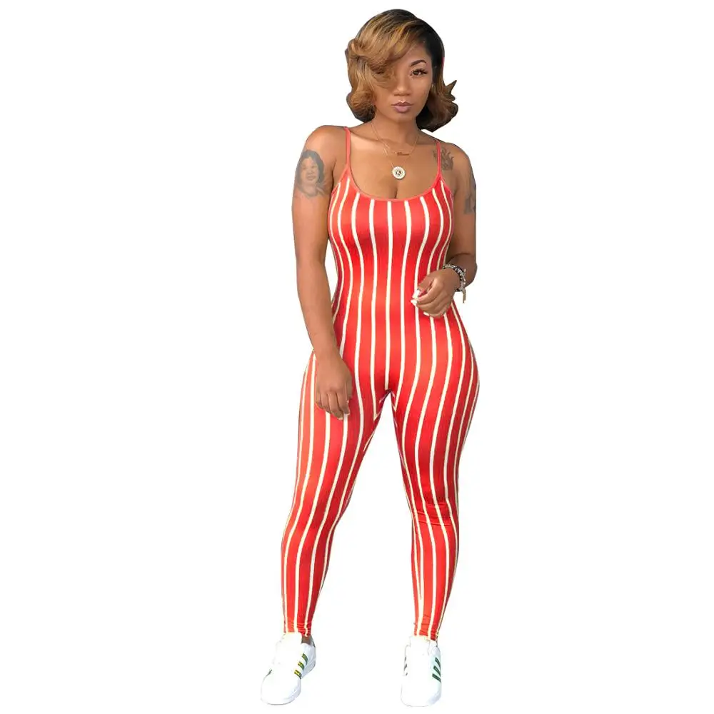 

Classic printing striped halter neck sexy backless wrap hip women jumpsuit 795