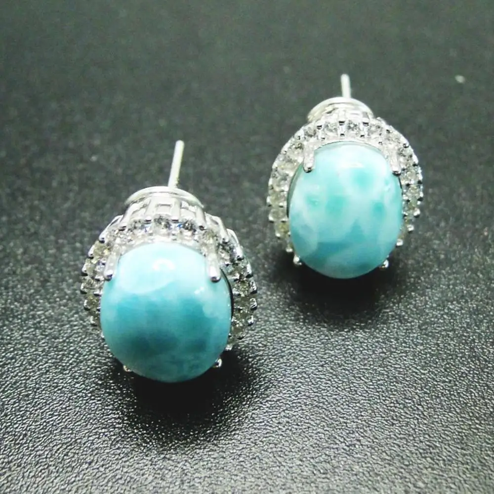 

Solid 925 Sterling Silver Natural Dominican Blue Larimar Stud Cluster Earrings With Cubic Zircon Fashion Natural Stone Jewelry