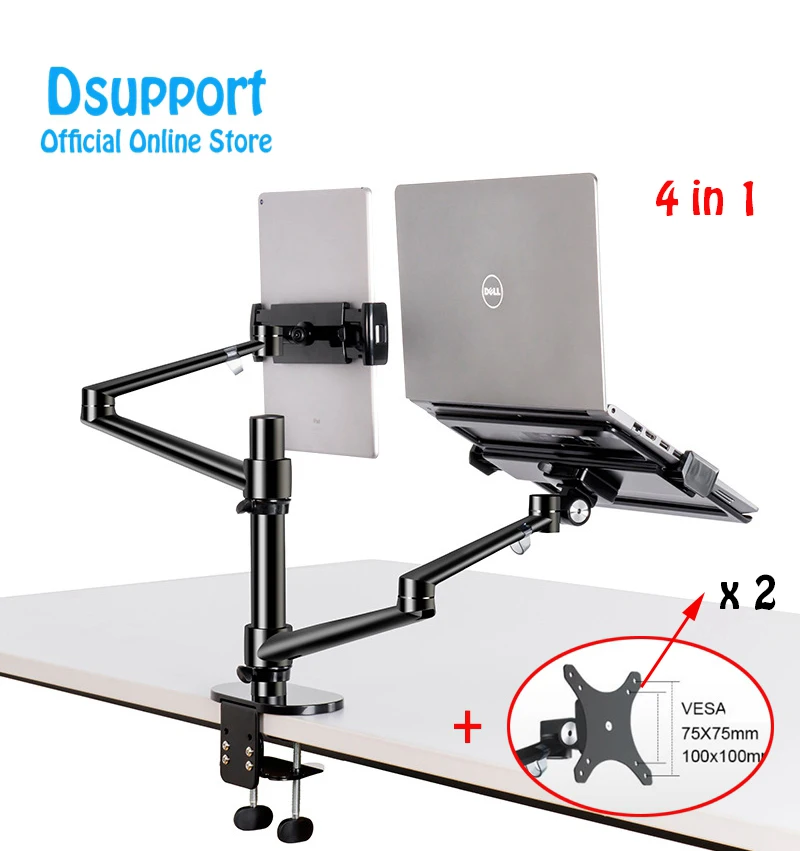 

Aluminum Height Adjustable Desktop Dual Arm 17-32 inch display Holder+10-17 inch Laptop Stand OL-3TD Full Motion Mount Arm, Black and siliver