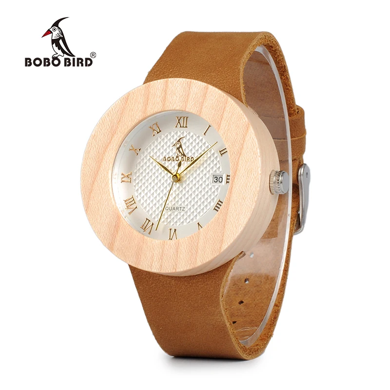 

BOBO BIRD top brand wholesale luxury maple wood handmade women wooden watch with brown leather strap, Picture