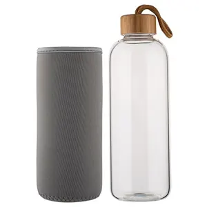 Image of Bamboo lid glass water bottle with Sleeve and rope