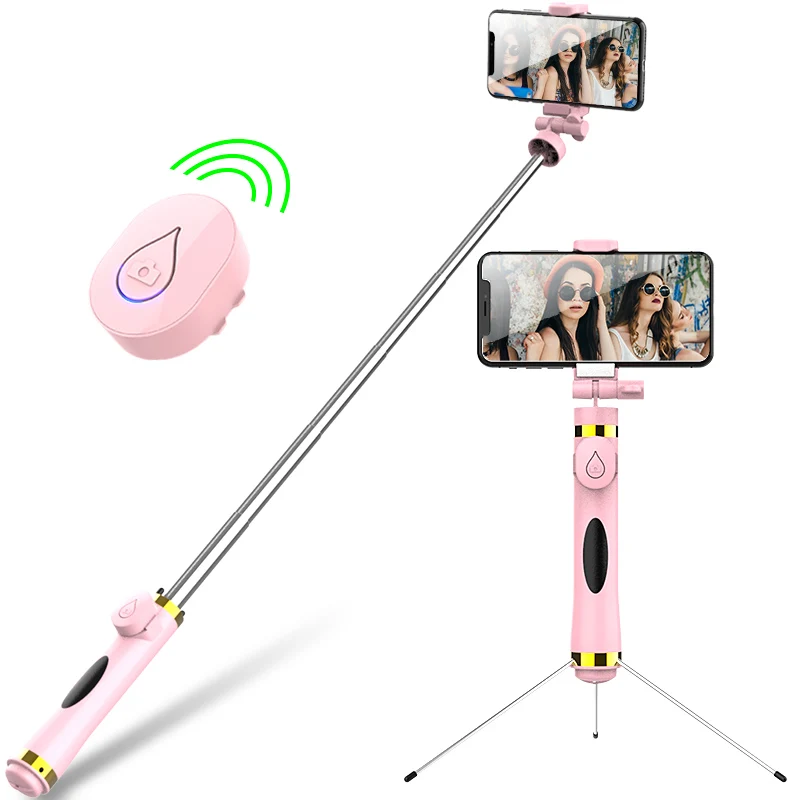 

Custom Live Broadcast Mini Portable Foldable Metal Remote Wireless Bluetooth Wholesale Tripod Selfie Stick With Mirror, Black& pink