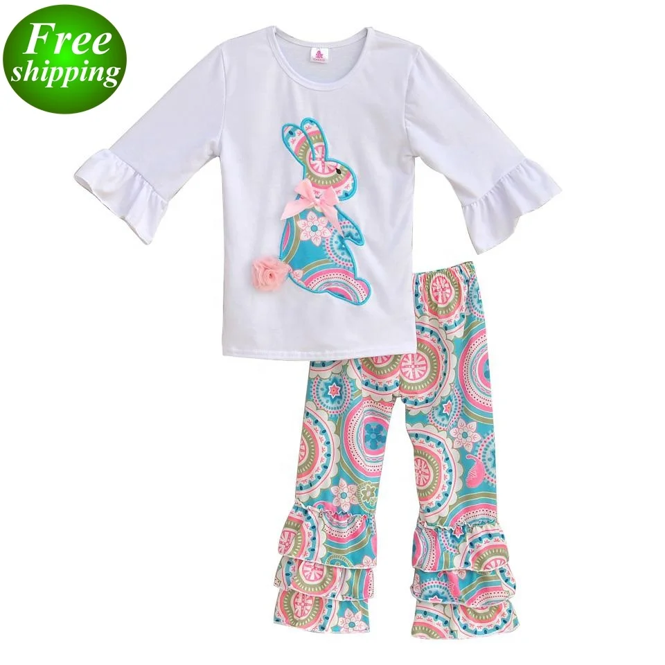 

EASTER Day Spring Fall Winter Girls Boutique Outfits white Ruffle sleeved Tshirt Top 2pc set, Pink