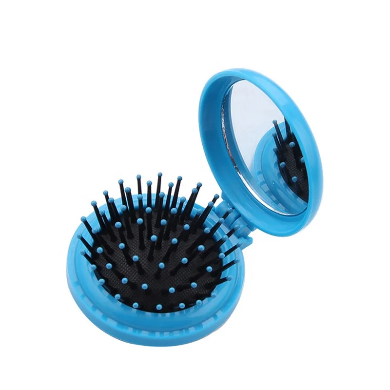 

Round Folding Pocket Hair Brush Mini Hair Comb with Makeup Mirror for Travel Candy Color, Blue;pink;white;black;green;rose