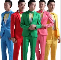 

5 Color M L XL XXL Two Piece Suit Men Set Red Yellow Blue Green Pink Hosted Theatrical Tuxedos For Men Wedding Prom Wear E7552