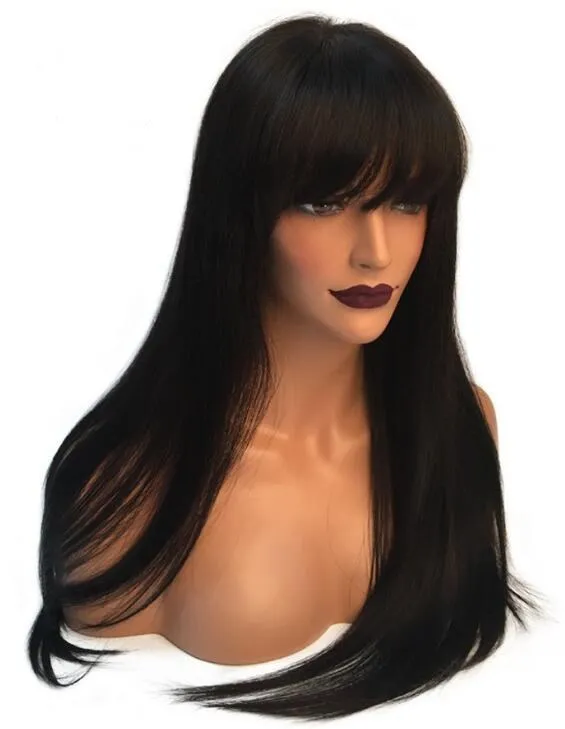 Long Glueless Lace Front Human Hair Wigs With Bangs Bleached Knots 150% Remy Wavy Brazilian Wigs For Black Women