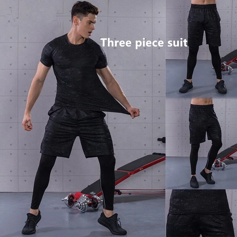 

3pcs/set Wholesale Men Running Training Clothes Gym Wear Sport T Shirt fitness clothes, N/a