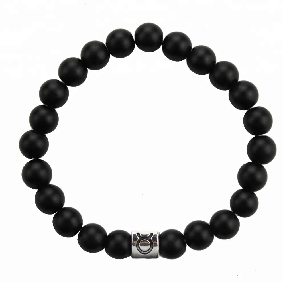 

Fashion Jewelry Natural Stone Bead bracelet Man Frosted Black Agate 12 zodiac Balancing Bracelet for Men, Silver+black