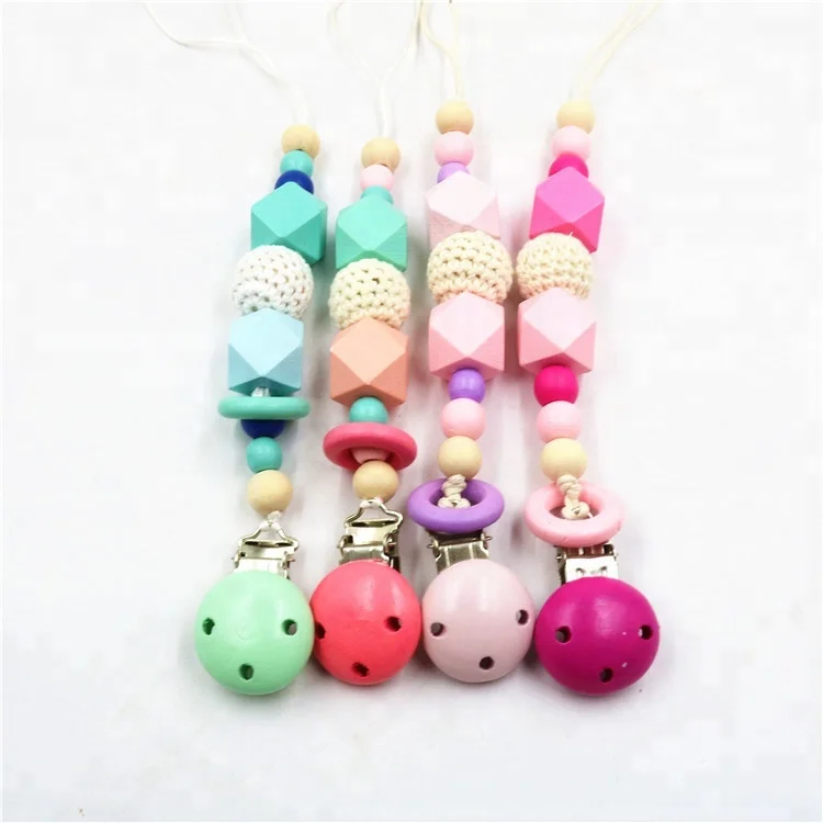 

Food Grade Chewable Silicone Beads Wooden Beads Pacifier Clip Chain for Baby Toys, Custom