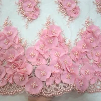 

3d french flower lace embroidered fabric tulle beads Pink haute couture fabric for pakistani bridal dresses HY0888-1