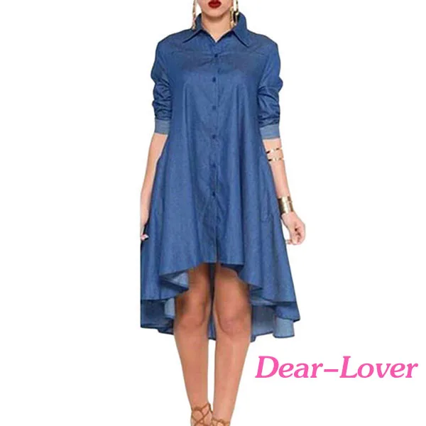 

Blue Denim Collared Shirt Long Sleeved Women Midi Dress, As shown