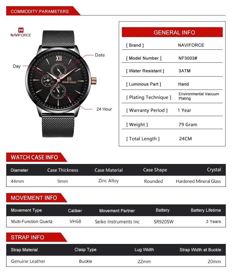 NAVIFORCE 3003 Nouvelle Montre Homme En Acier Maille Bande Montre-Bracelet
