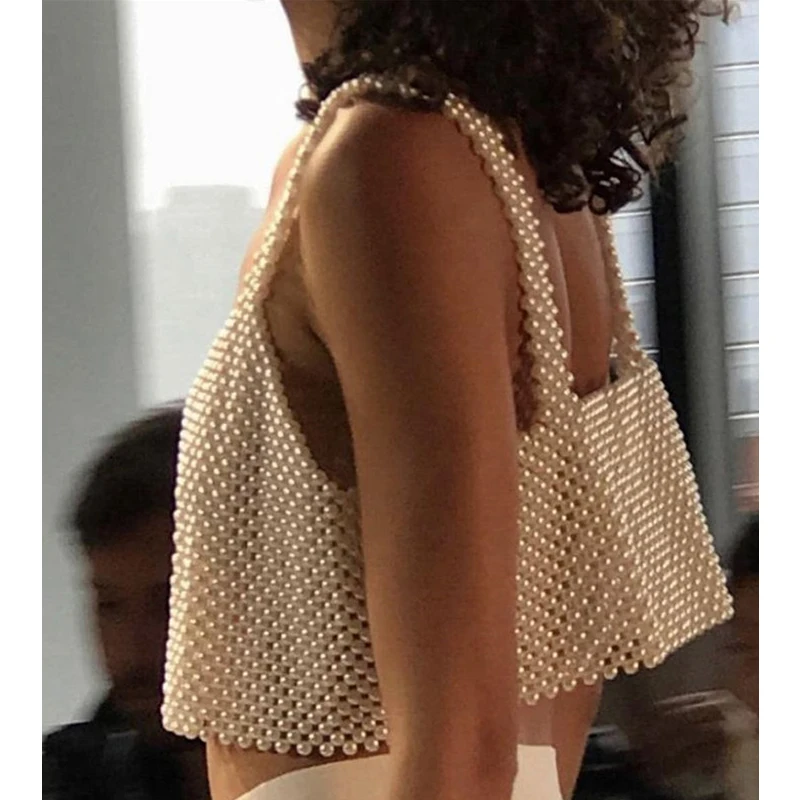 

W-C-599A 2019 New Women Handmade Pearl Crop Tops Ladies Sexy Low-cut Tank Tops Fashion Clothes Accessories, White/black