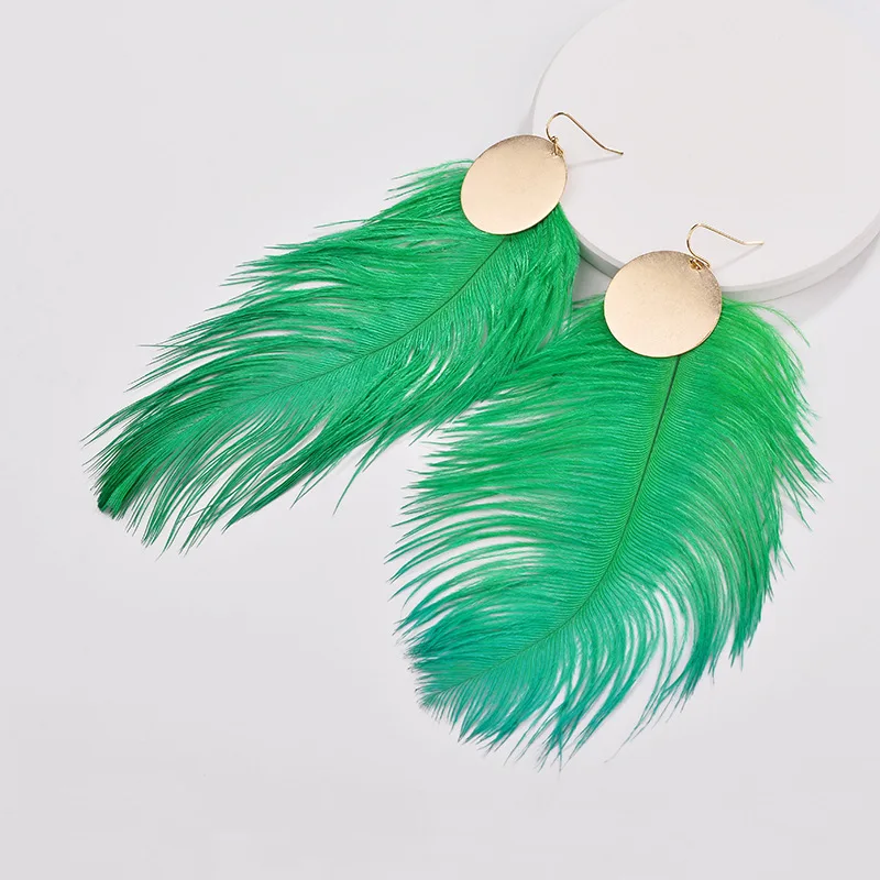 

Fashion gold statement charm ostrich feather earrings colorful long bohemian feather earrings women