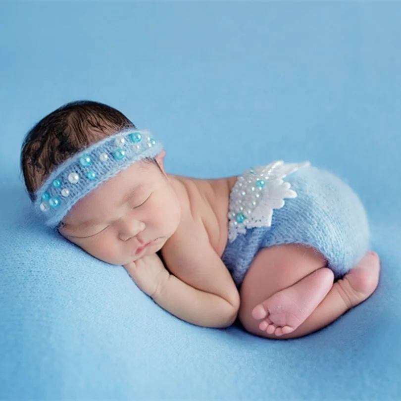 

Newborn beads Romper Knitted Newborn Pearl Headbands Baby Girl Outfit Photography Props Infant Overalls Sitter Tieback