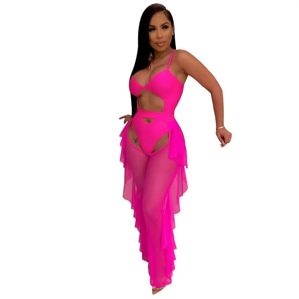 Women Sexy Sheer Mesh 2 Piece Outfits Swimsuit Ruffle Sleeveless Long Pants Jumpsuit Set Bikini Bottom Cover up
