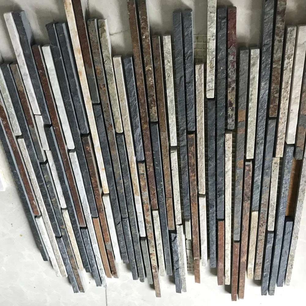 China natural split multicolor mesh strip mosaic tile slate stone floor and wall mesh tile