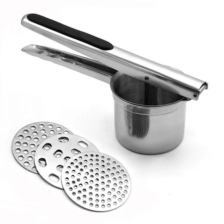 

Amazon Hot Sale Non-slip Silicone Grip with 3 Interchangeable Fineness Discs Potato Ricer Masher Stainless Steel
