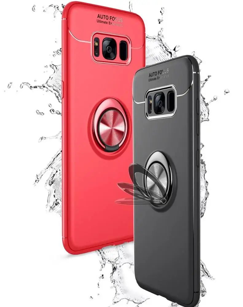 

HUYSHE Waterproof Anti-shock silicone Carbon fiber TPU Ring Grip Case 360 Rotation Phone Case & holder For Samsung S8, Black;blue;red