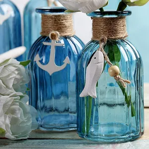 Image of Light Blue Flower Bud Vase with Jute Rope and Starfish Glass Bottle with Ribbed Design 7.5-inch Tall for Home Decor Wedding Part