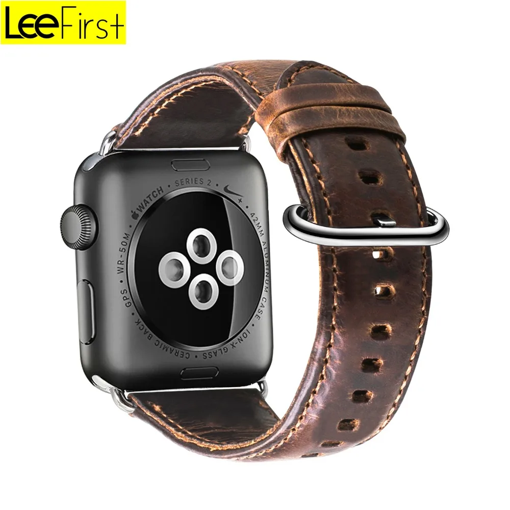 

New Arrival LeeFirst 38 mm 42 mm Vintage Style Genuine Leather Premium Strap For Apple Watch, Light brown\ dark brown