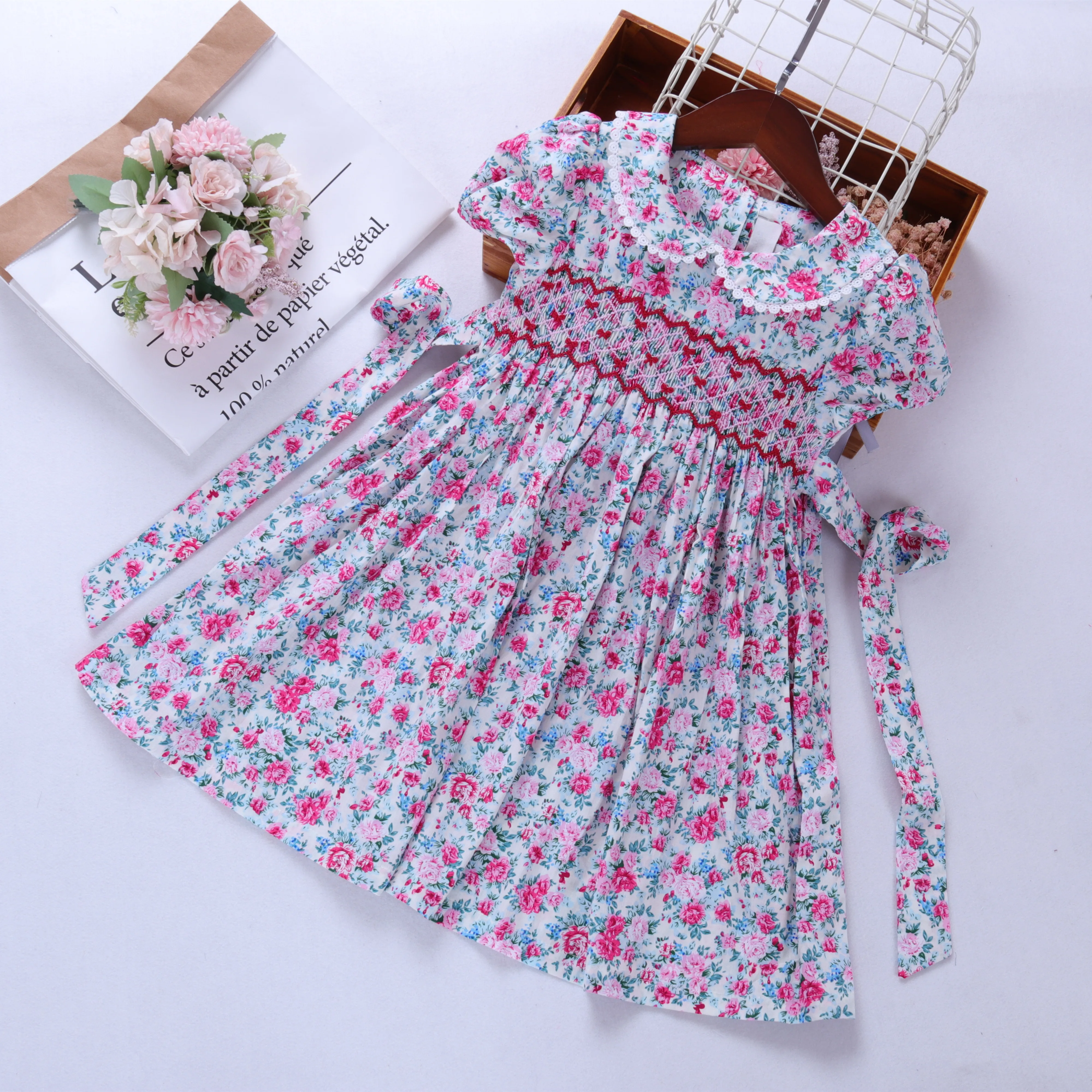 

baby smocked dress floral girls flower dress baby frock outfits peter pan collar puff sleeve cotton children clothes wholesale