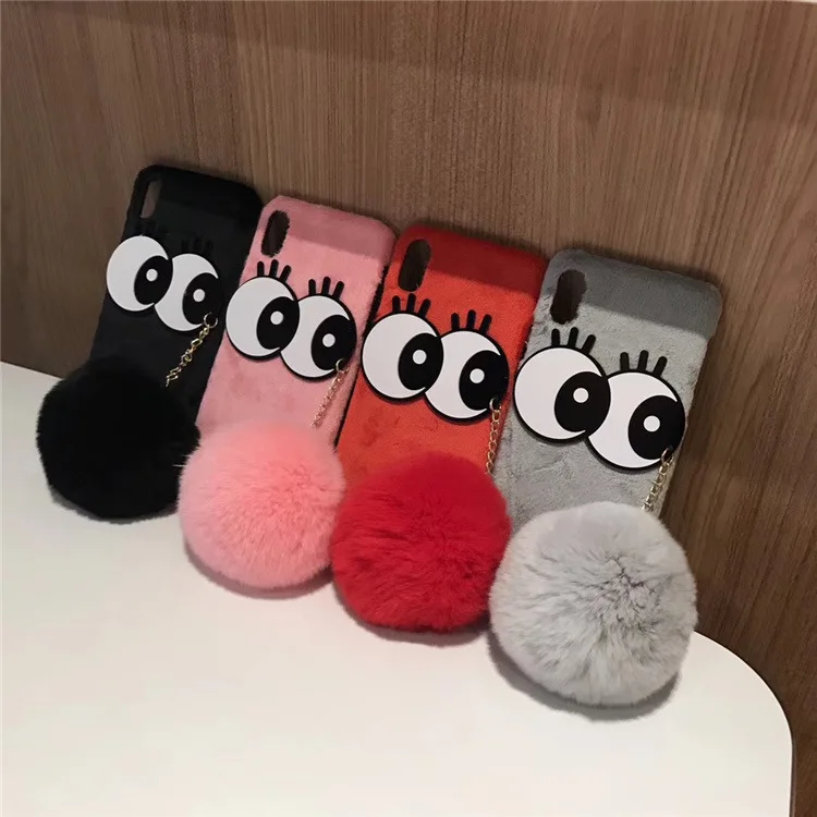 

Winter Cute Big Eyes Rabbit Hair Bulb PC Phone Case For iPhone 7 8 X
