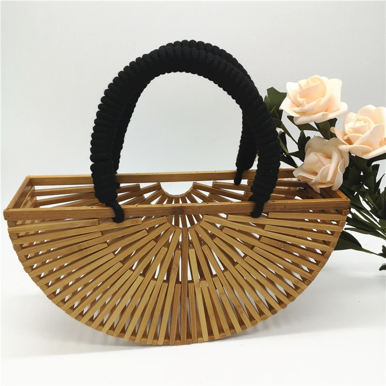 

Ins hot sale bamboo tote bag women beach shoulder half moon wood bamboo rattan handmade weave hollow out clutchbag, Picture
