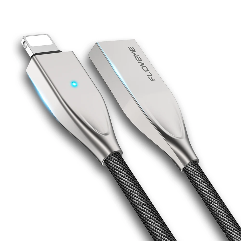 

FLOVEM LED Breathing Light USB Cable For iphone Zinc Alloy Auto Disconnect Power Off Fast Charging Cable For iPad, Black/red/silver/blue